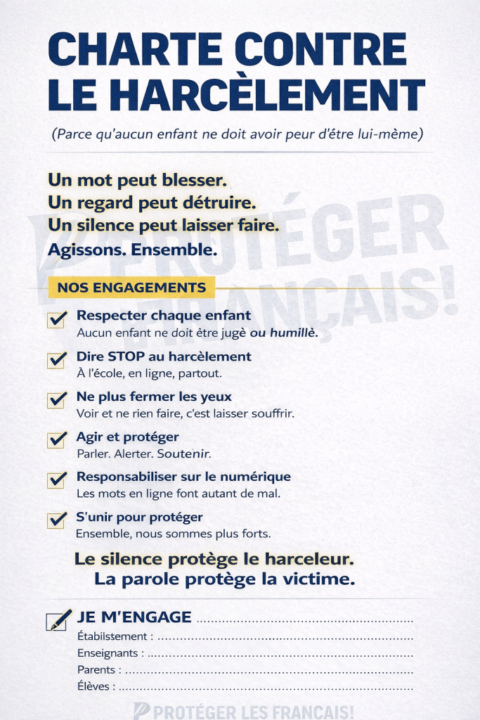 charte harcèlement scolaire, protéger les français.